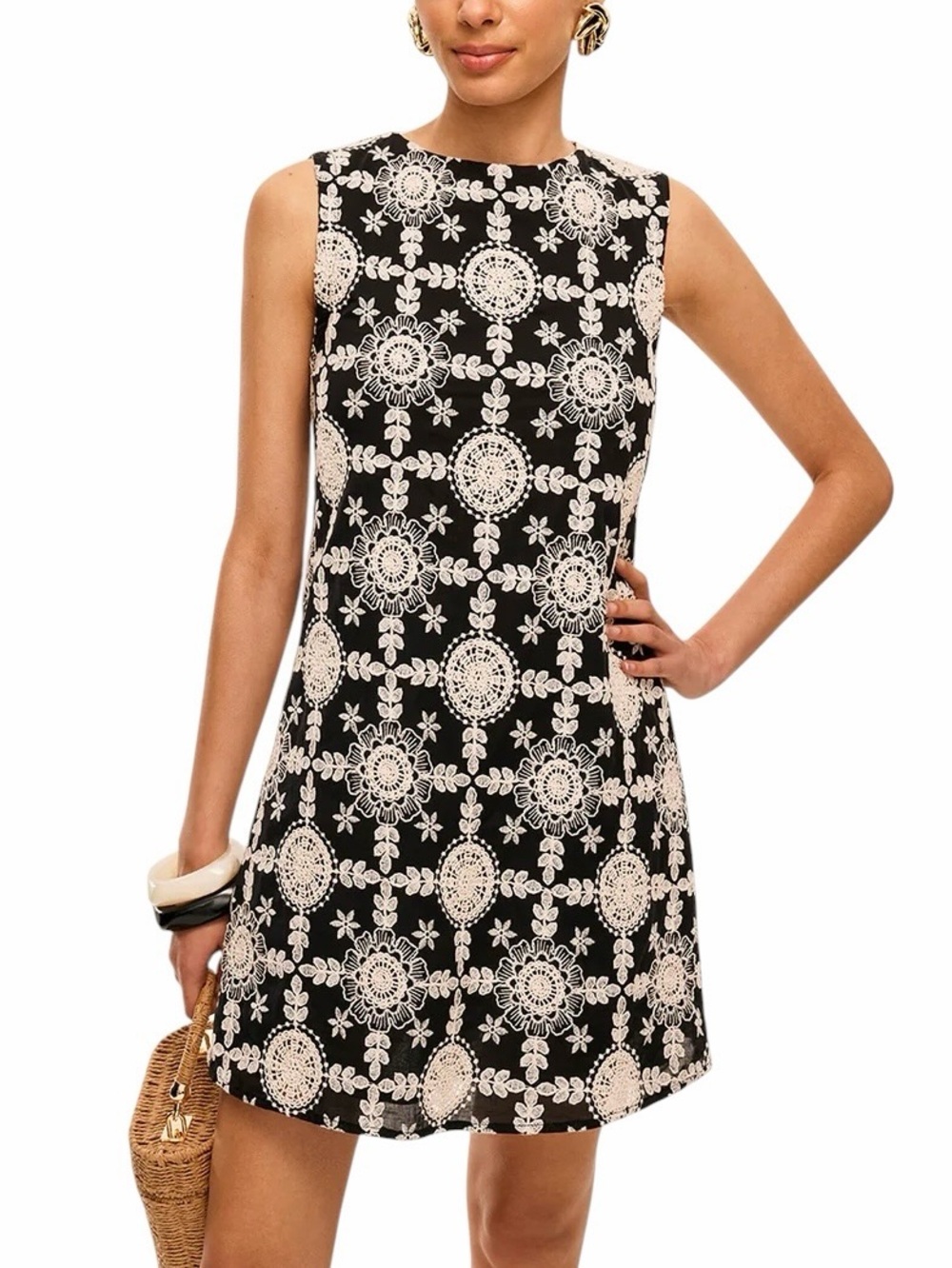Commense Black White Embroidered Cotton Shift Mini Dress XS NWT Sleeveless